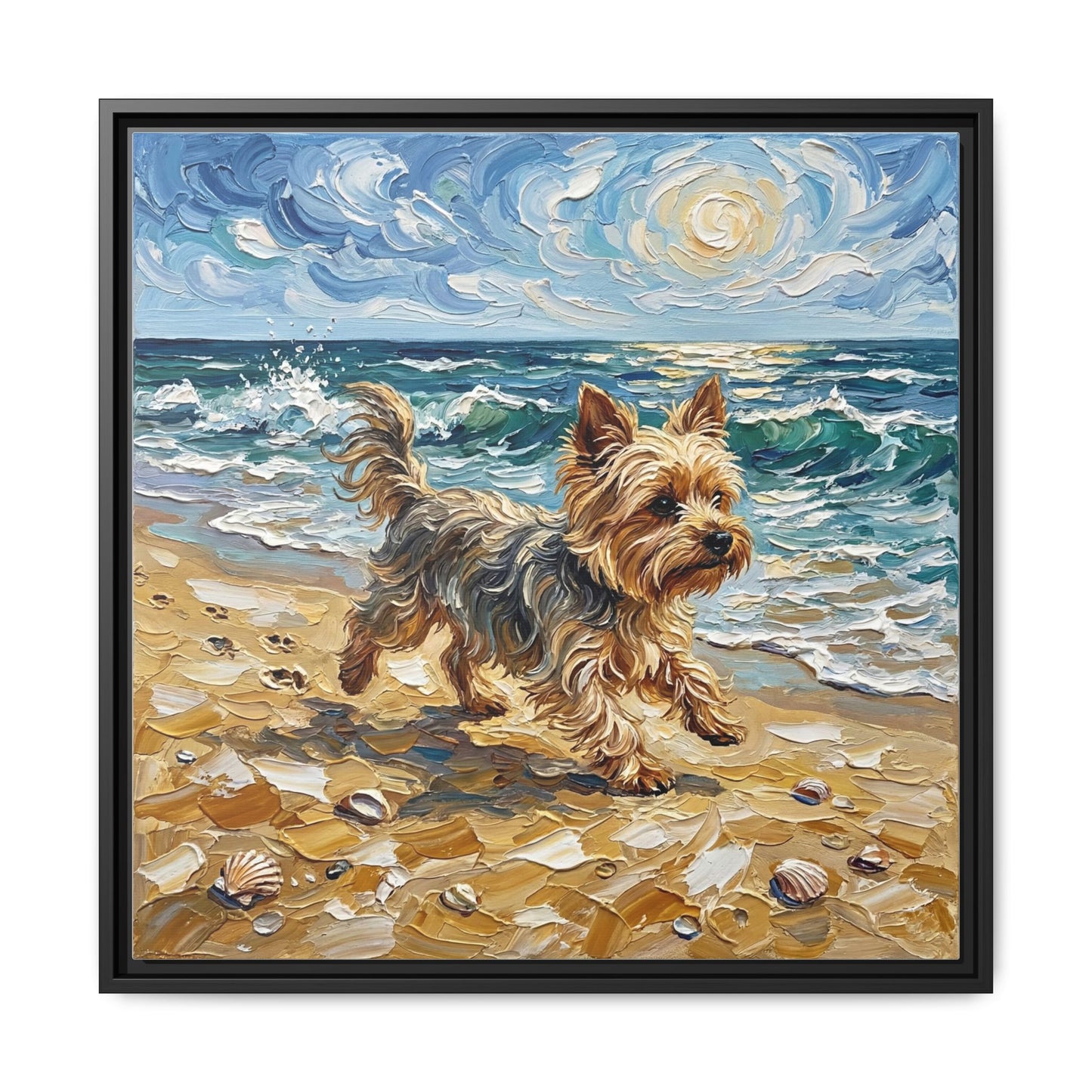 "Beach Day - Yorkie" Framed Canvas Wall Art