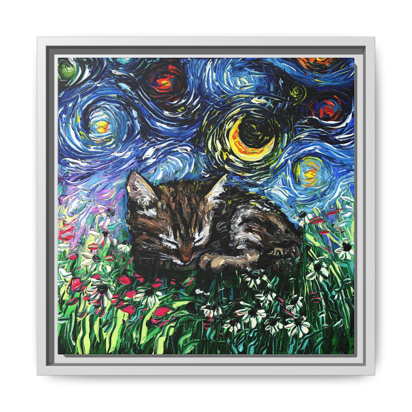 "Sleepy Tabby Kitten Night" Framed Canvas Wall Art
