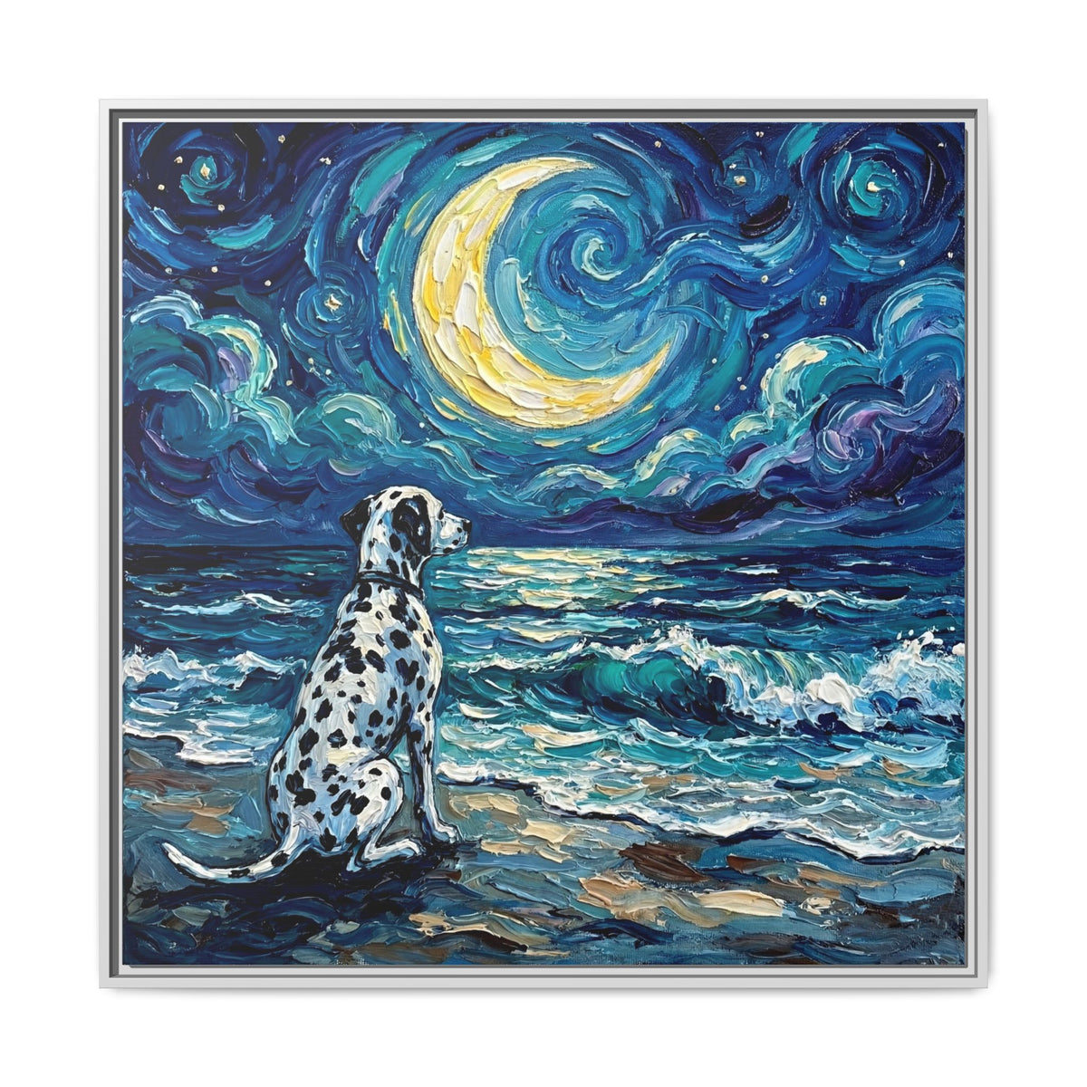 "Beach Night - Dalmatian" Framed Canvas Wall Art