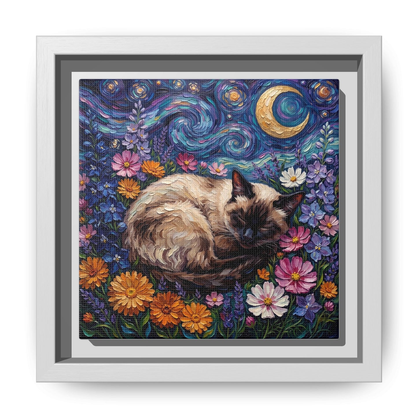 "Amongst The Flowers - Siamese Cat" Framed Canvas Wall Art