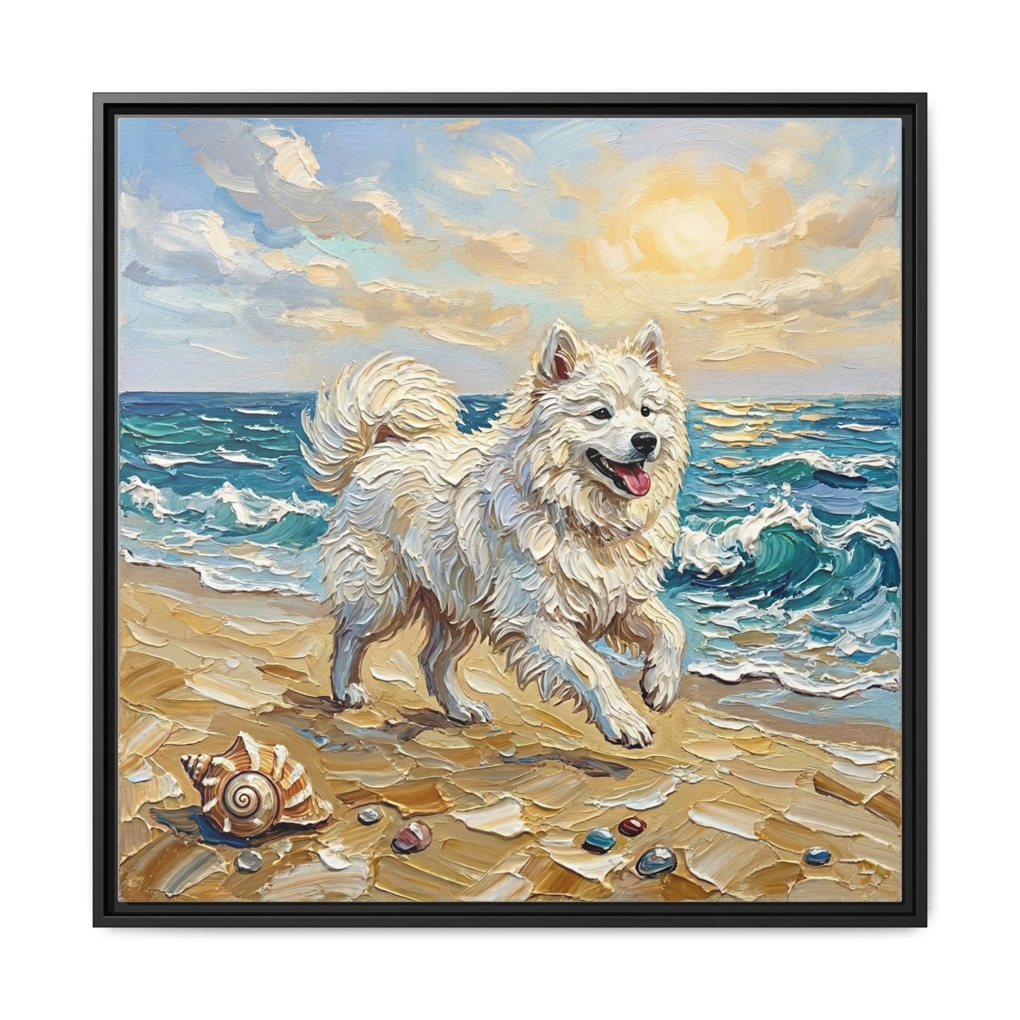 "Beach Day - Samoyed" Framed Canvas Wall Art