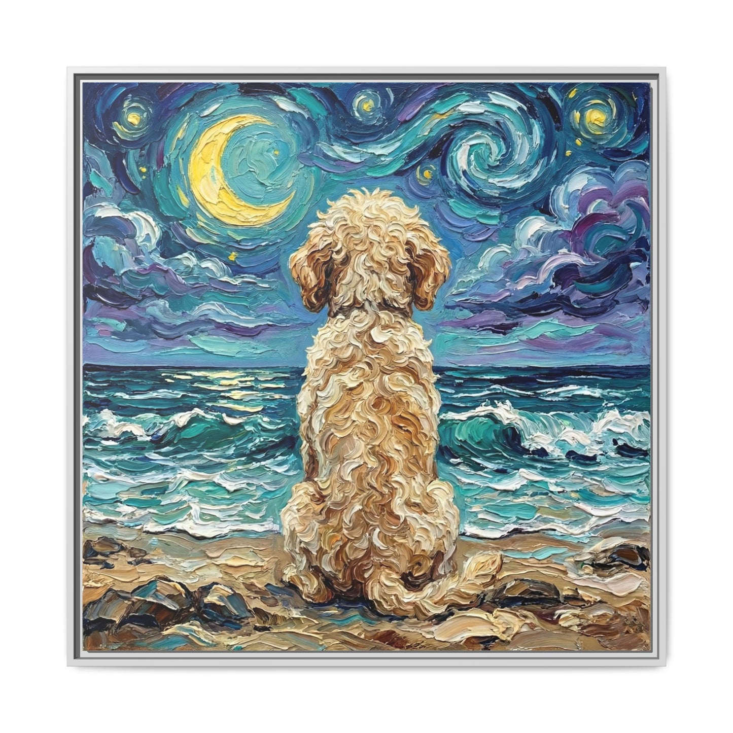 "Beach Nights - Goldendoodle" Framed Canvas Wall Art