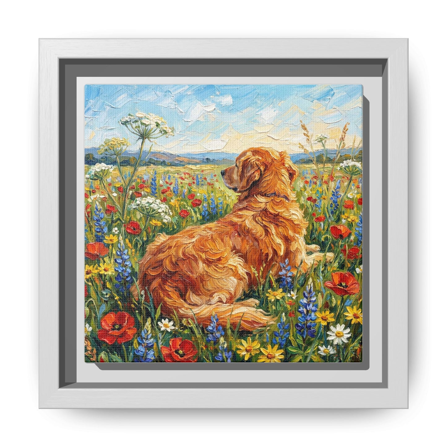 "Amongst The Flowers - Golden Retriever" Framed Canvas Wall Art