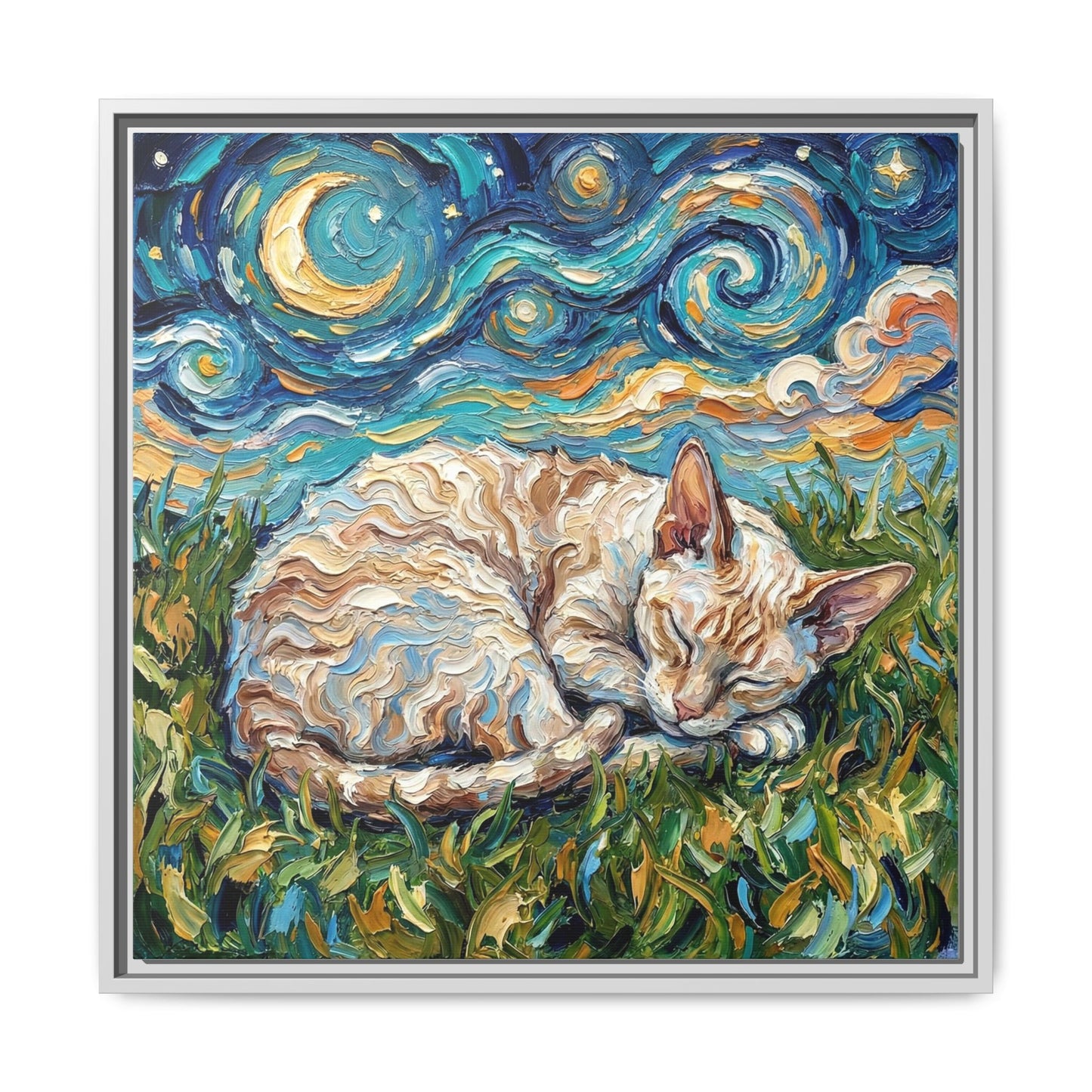 "Sleepy Cornish Rex Night" Framed Canvas Wall Art