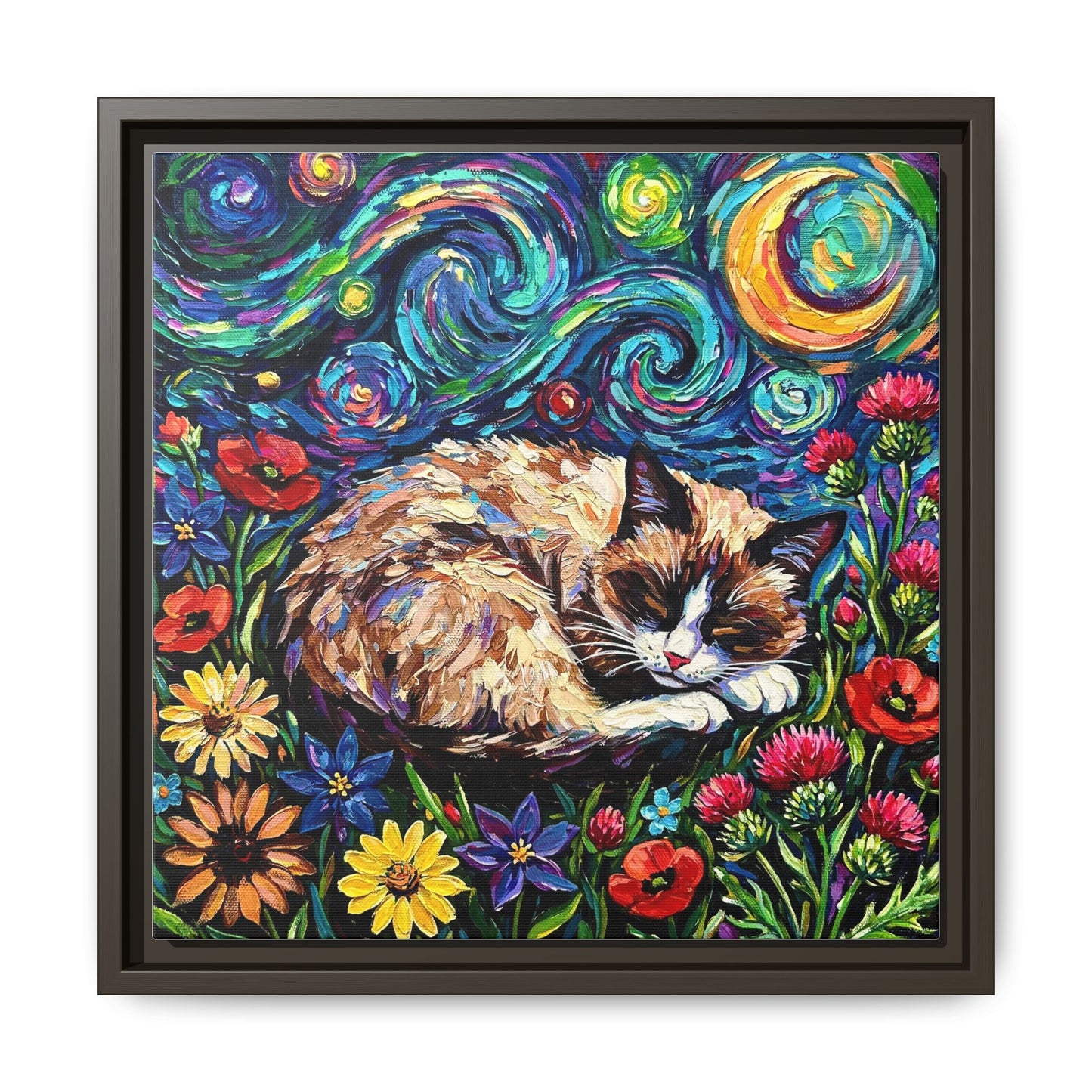 "Sleepy Snowshoe Cat Night" Framed Canvas Wall Art