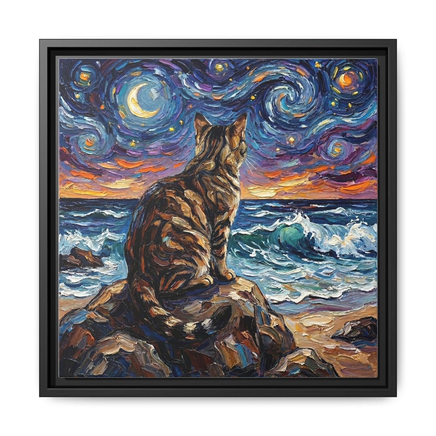 "Beach Night - Brown Tabby" Framed Canvas Wall Art