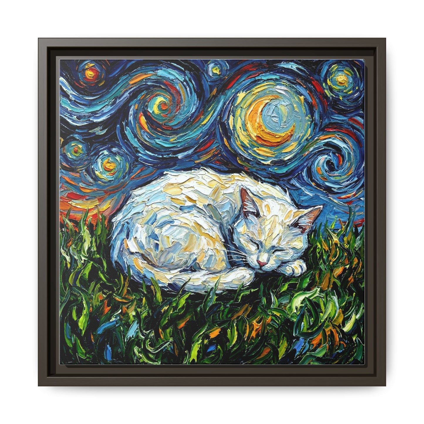 "Sleepy White Cat Night" Framed Canvas Wall Art