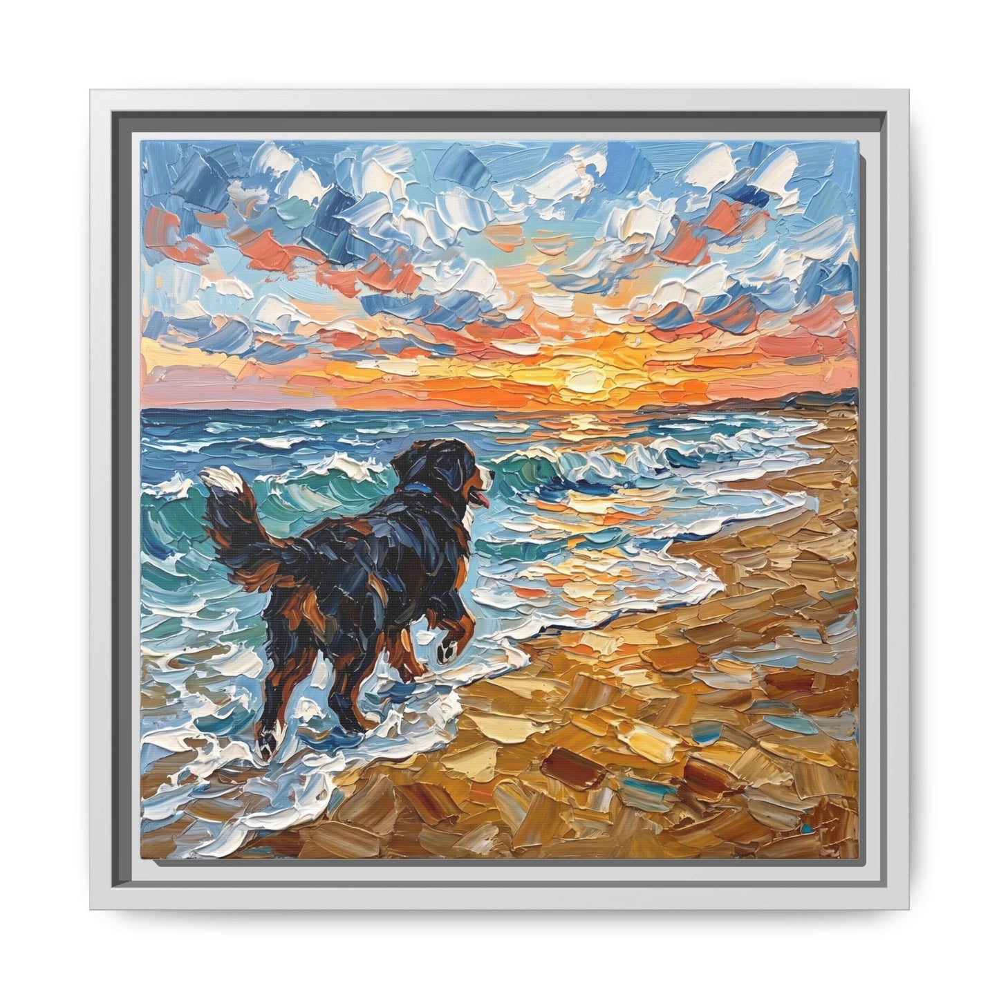 "Beach Day - Frolicking Bernese Mountain Dog" Framed Canvas Wall Art