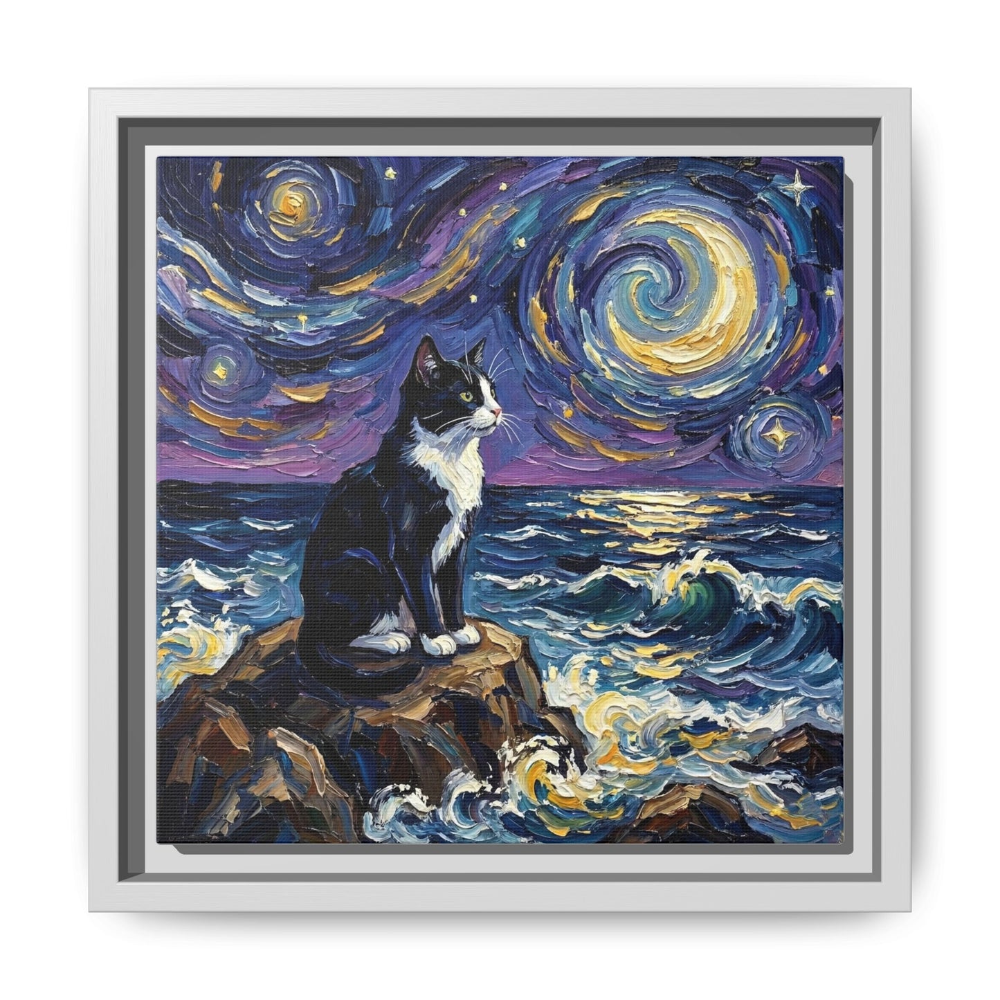 "Beach Night - Tuxedo Cat" Framed Canvas Wall Art