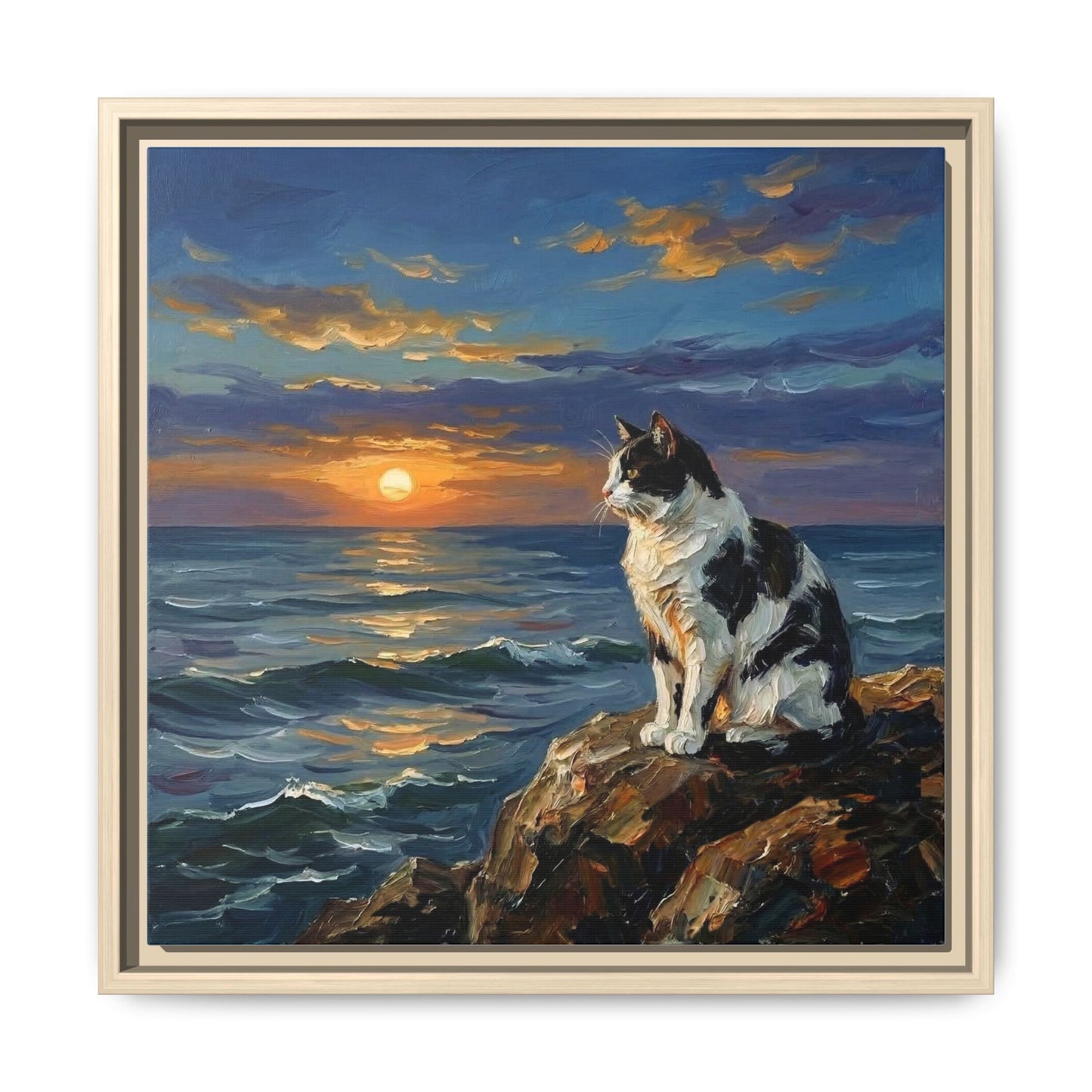 "Beach Day - Magpie Cat" Framed Canvas Wall Art