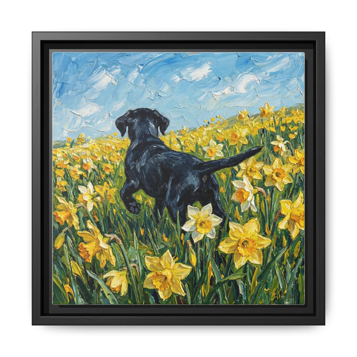 "Amongst The Flowers - Black Labrador" Framed Canvas Wall Art