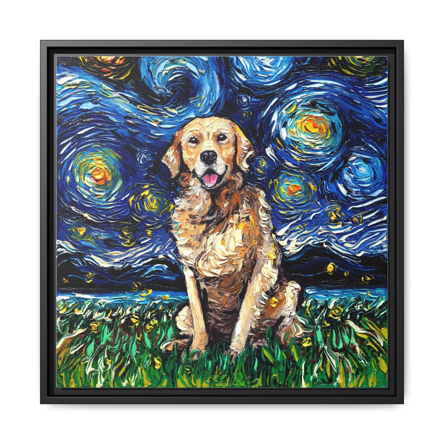 "Golden Retriever Night" Framed Canvas Wall Art