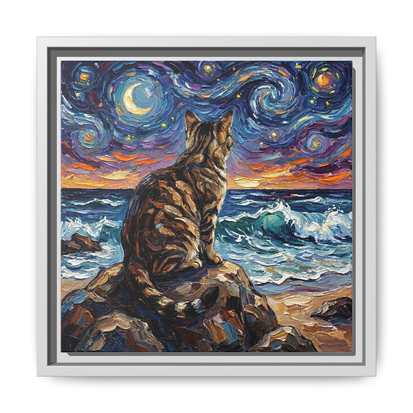 "Beach Night - Brown Tabby" Framed Canvas Wall Art