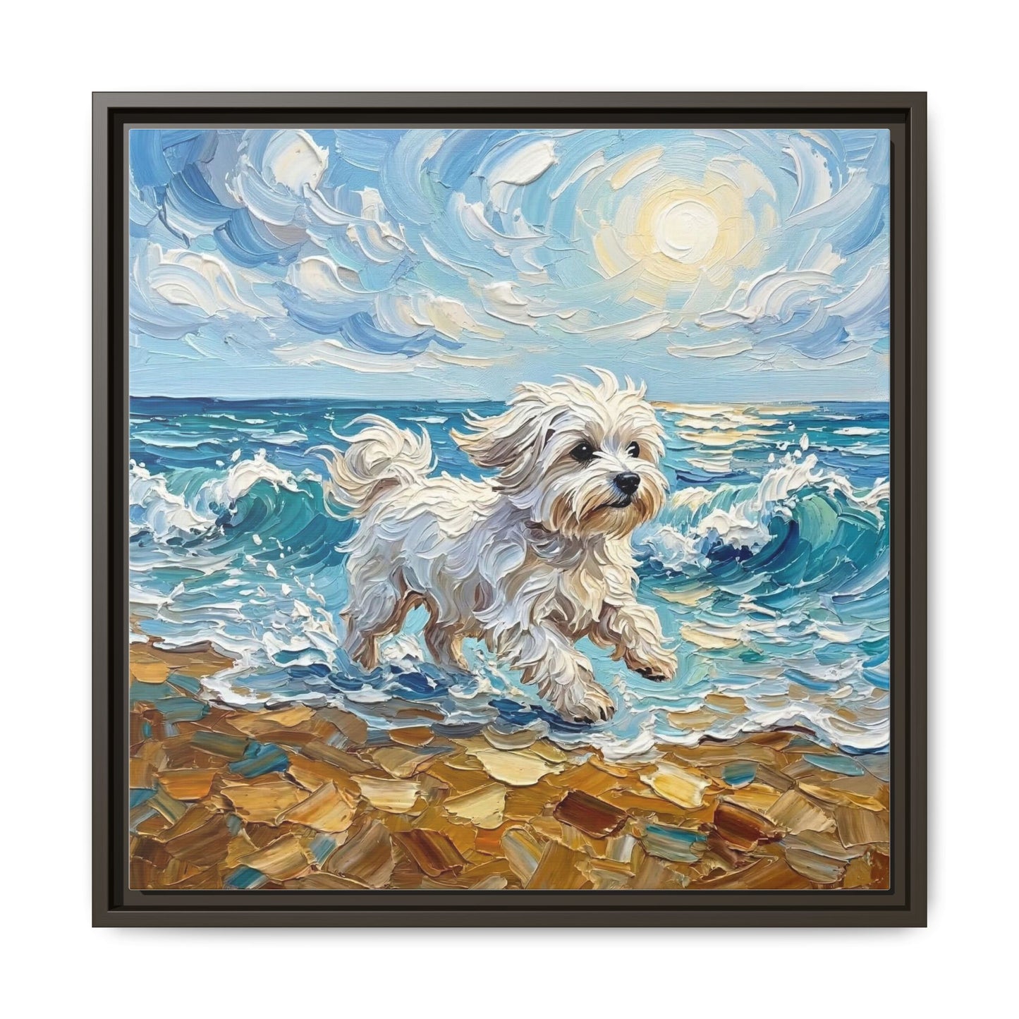 "Beach Day - Maltese" Framed Canvas Wall Art