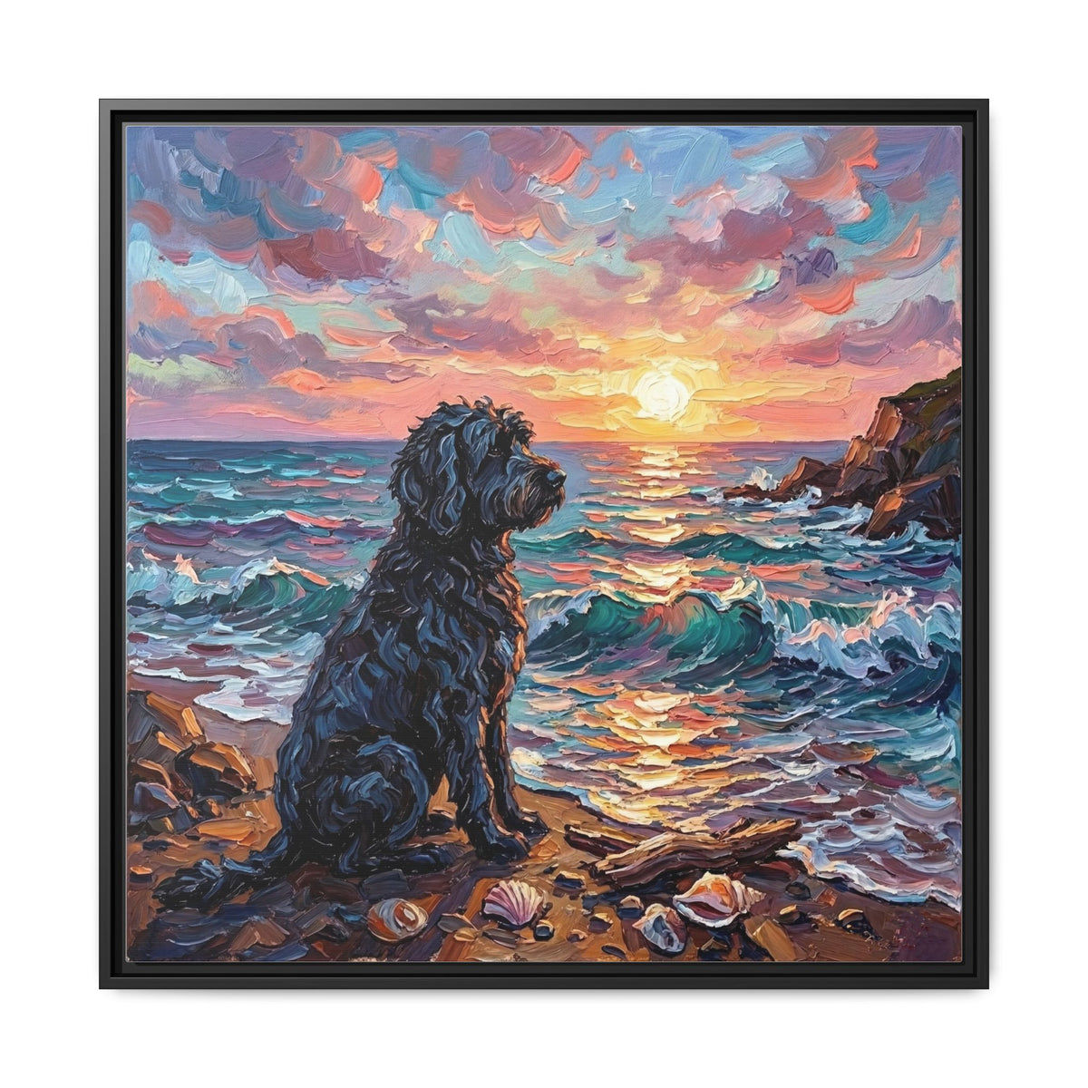 "Beach Days - Portuguese Water Dog" Framed Canvas Wall Art