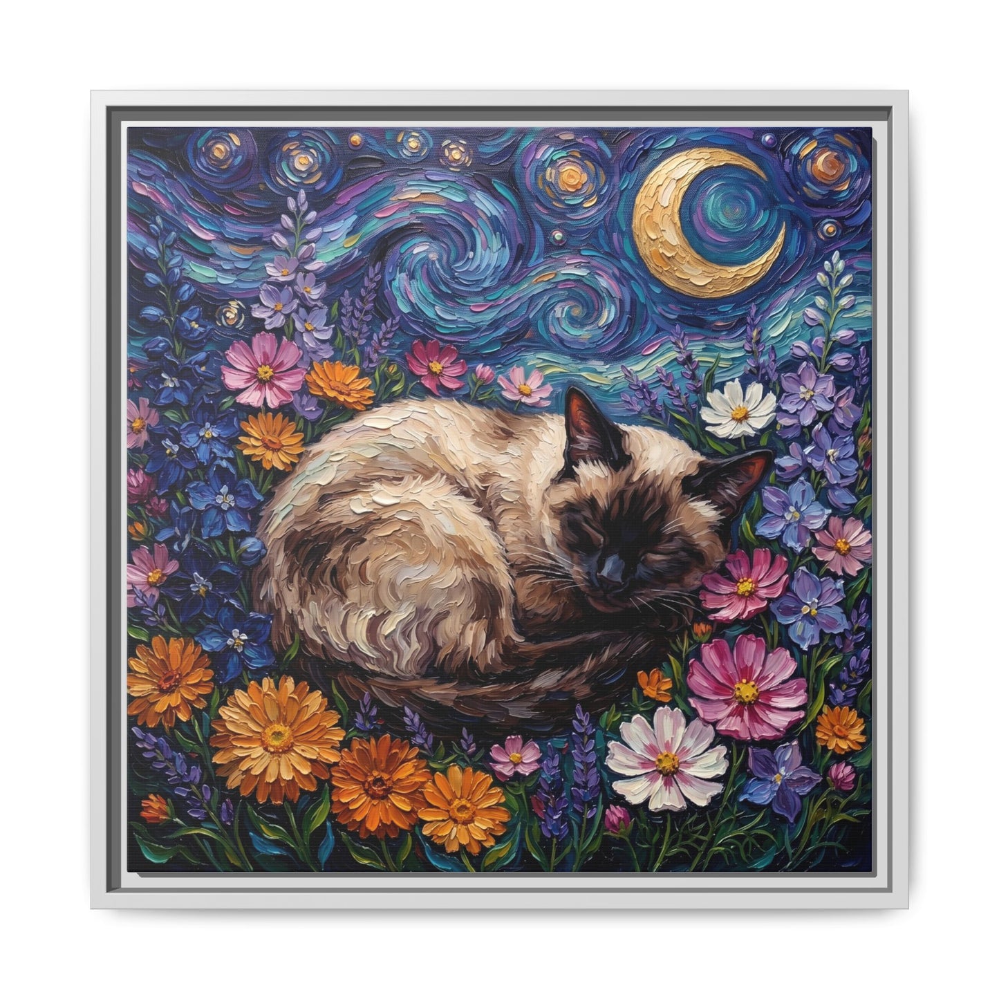 "Amongst The Flowers - Siamese Cat" Framed Canvas Wall Art