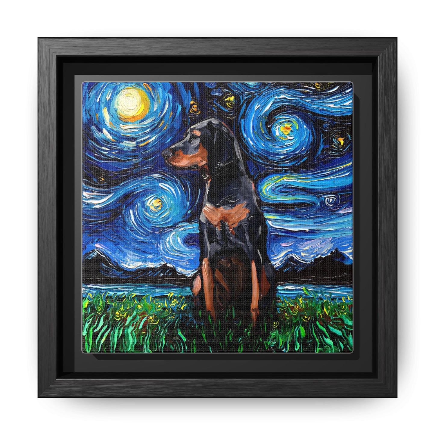 "Black and Tan Coonhound Night" Framed Canvas Wall Art