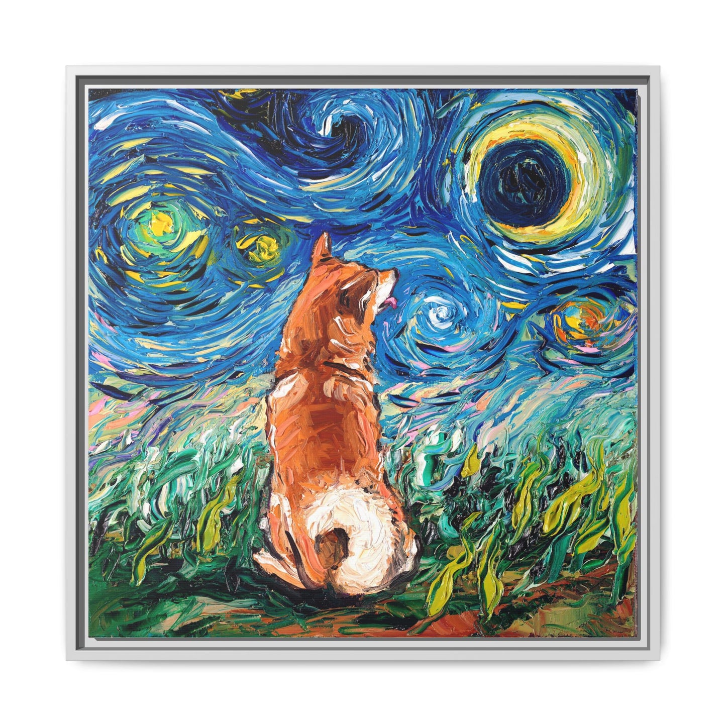 "Shiba Inu Night" Framed Canvas Wall Art