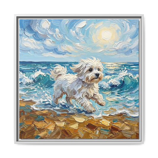 "Beach Day - Maltese" Framed Canvas Wall Art