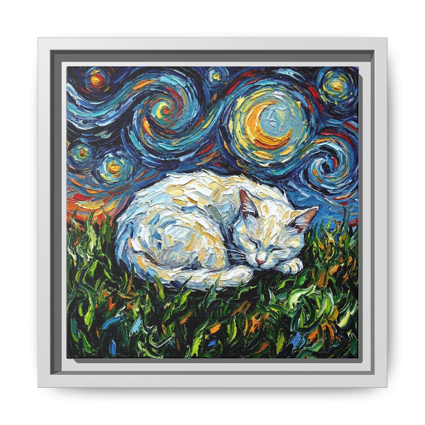 "Sleepy White Cat Night" Framed Canvas Wall Art