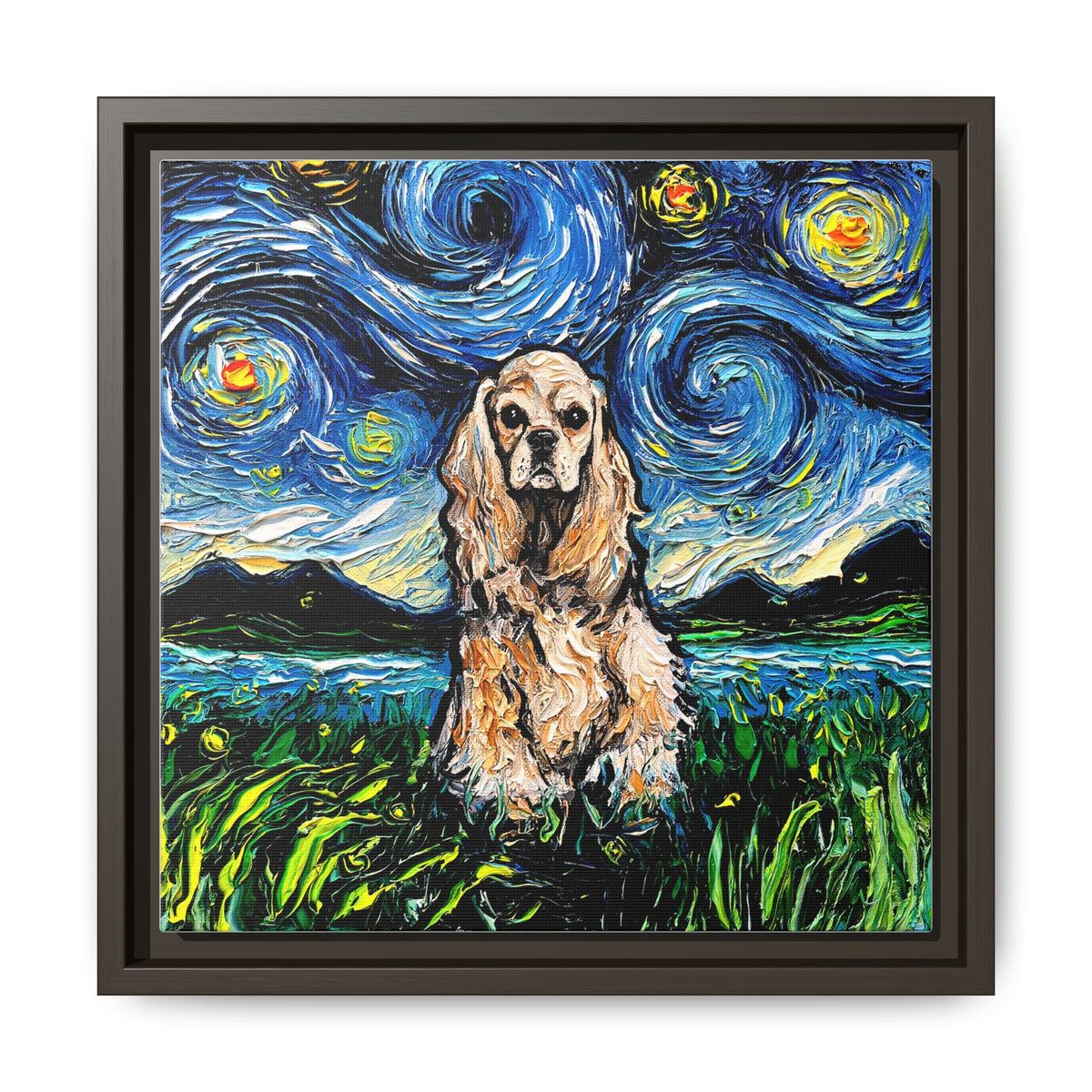 "Buff American Cocker Spaniel Night" Framed Canvas Wall Art