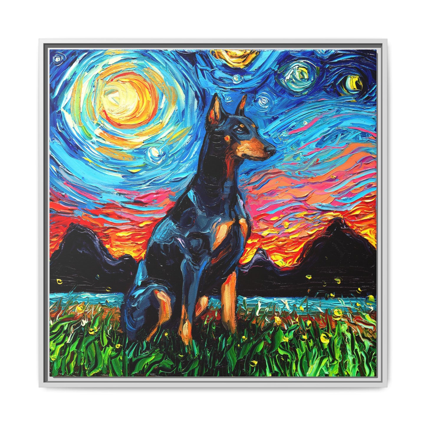 "Doberman Night" Framed Canvas Wall Art