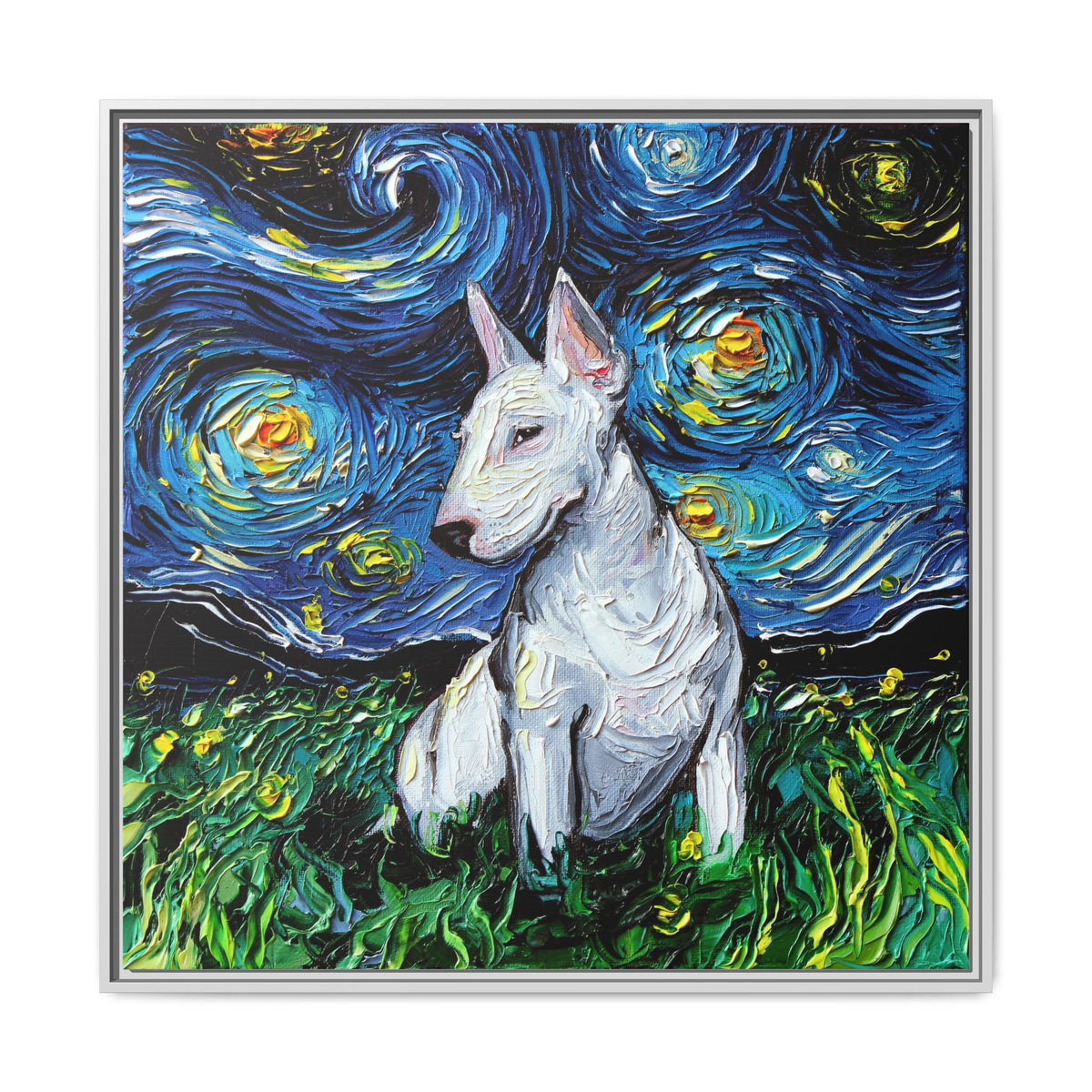 "Bull Terrier Night" Framed Canvas Wall Art
