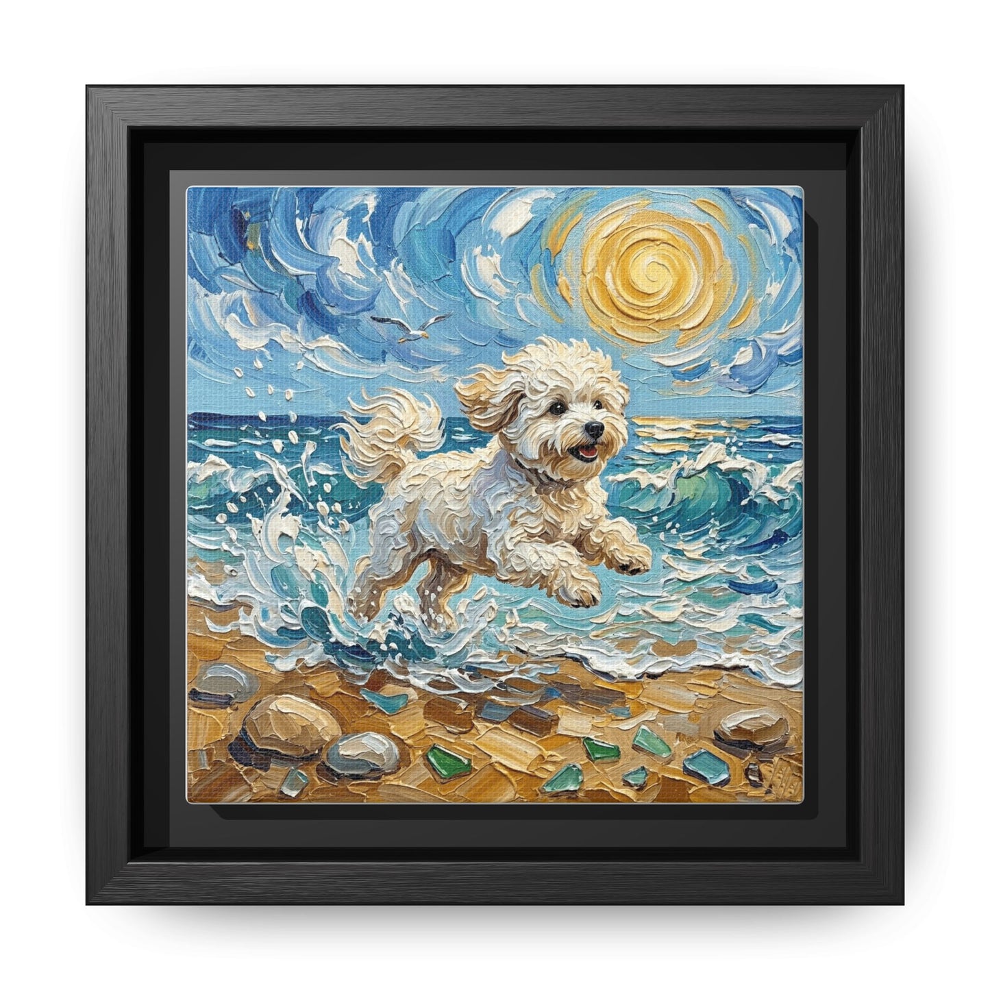 "Beach Day - Bichon Frise" Framed Canvas Wall Art