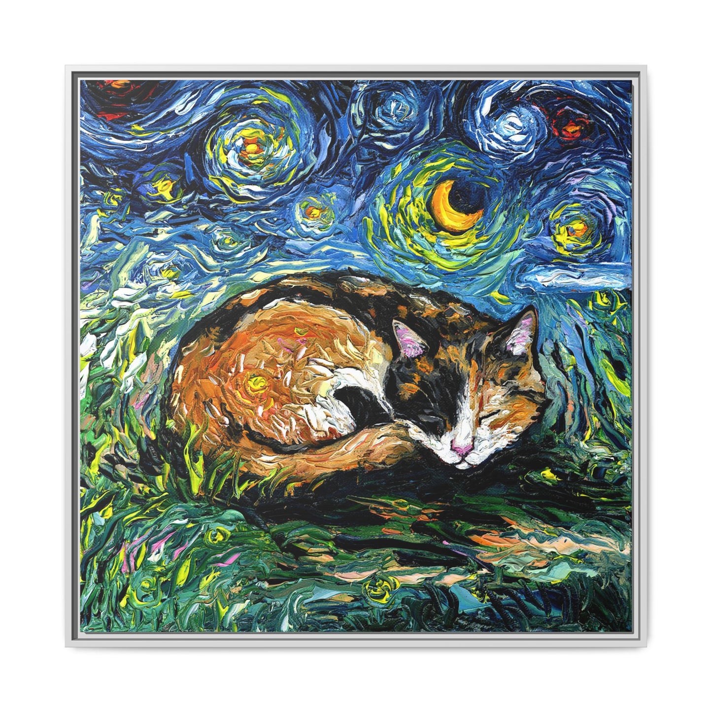 "Sleepy Calico Night" Framed Canvas Wall Art