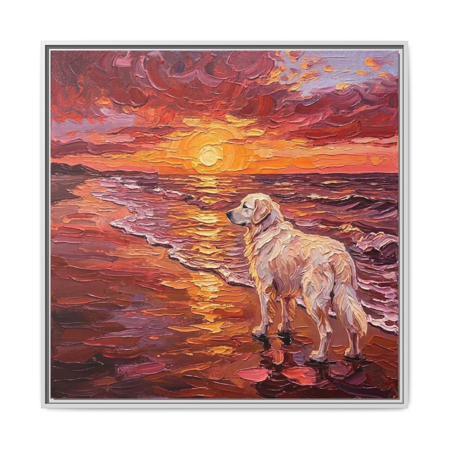 "Beach Day - Great Pyrenees" Framed Canvas Wall Art