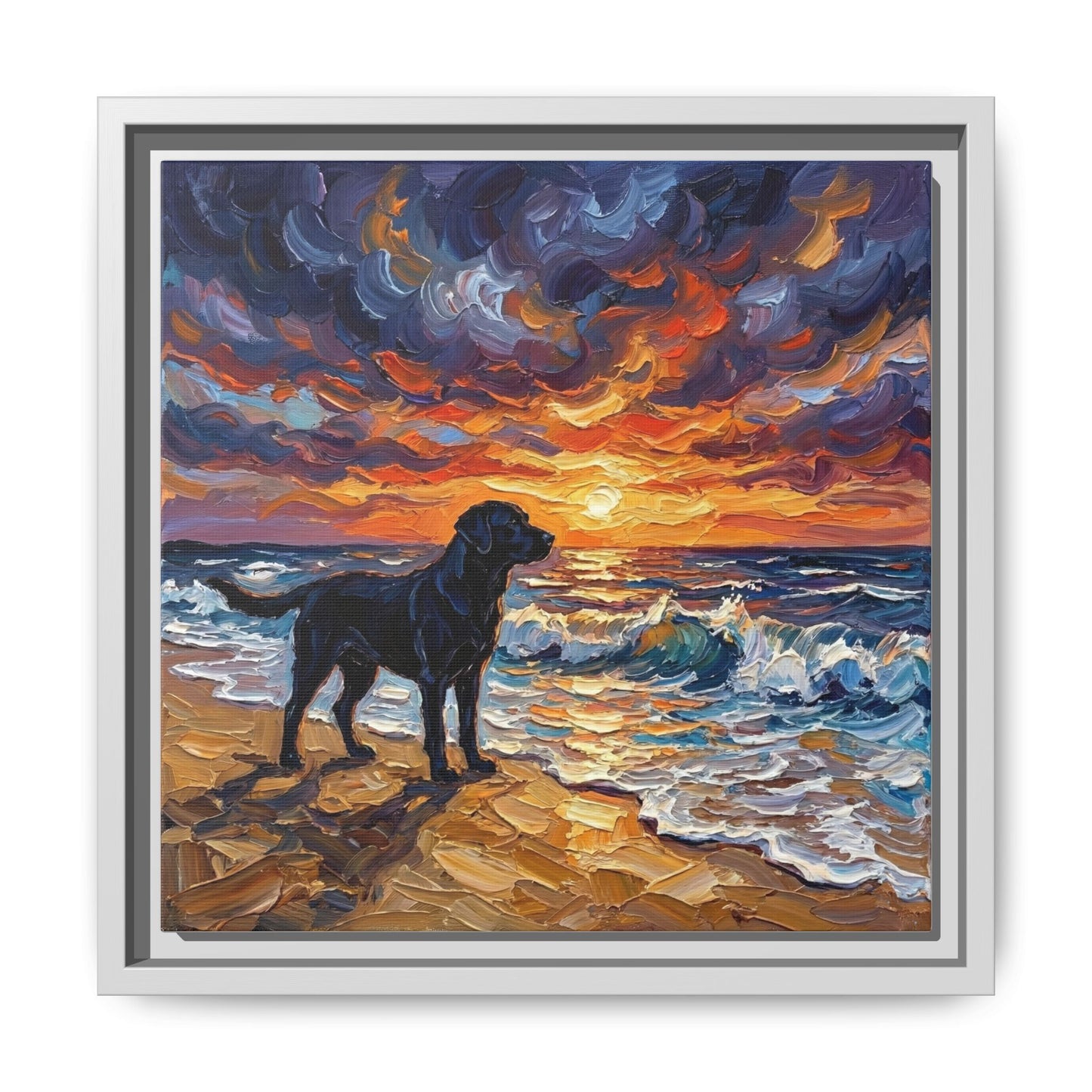 "Beach Sunset - Black Labrador" Framed Canvas Wall Art