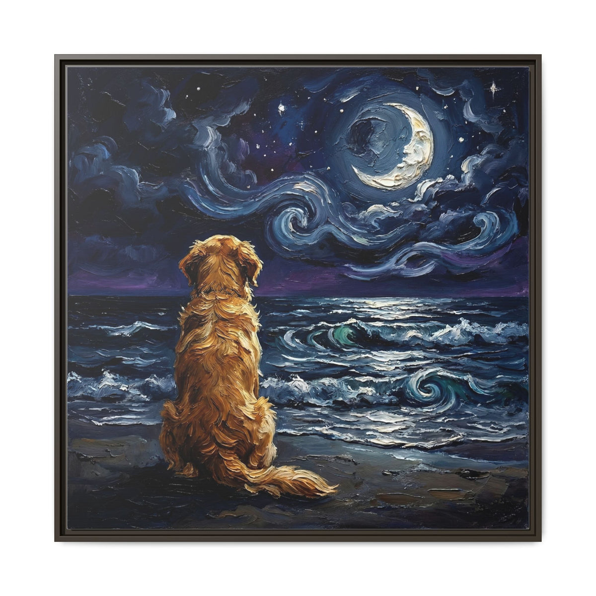 "Beach Night - Golden Retriever" Framed Canvas Wall Art