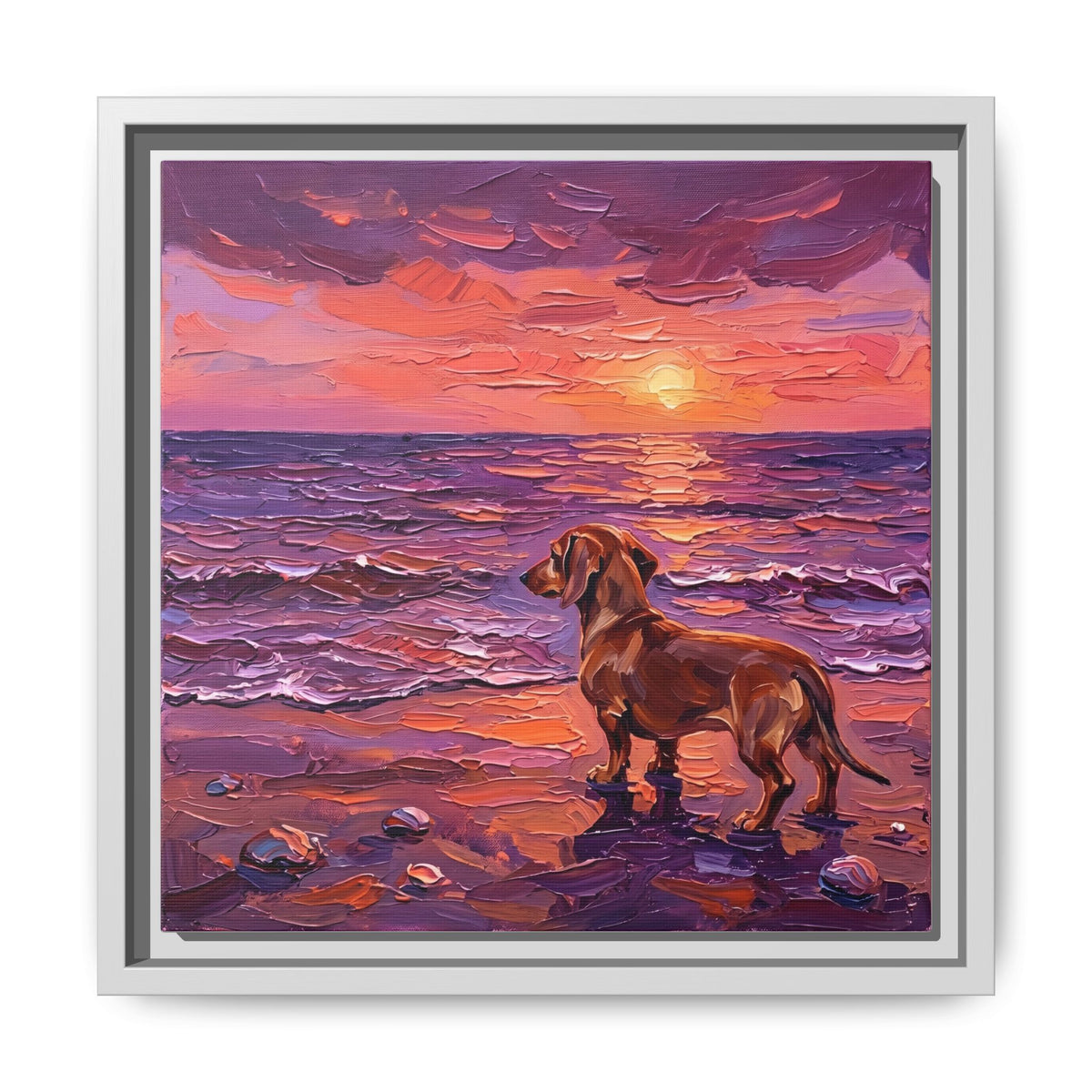 "Beach Day - Brown Dachshund" Framed Canvas Wall Art
