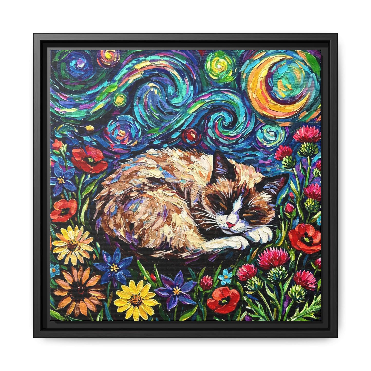 "Sleepy Snowshoe Cat Night" Framed Canvas Wall Art