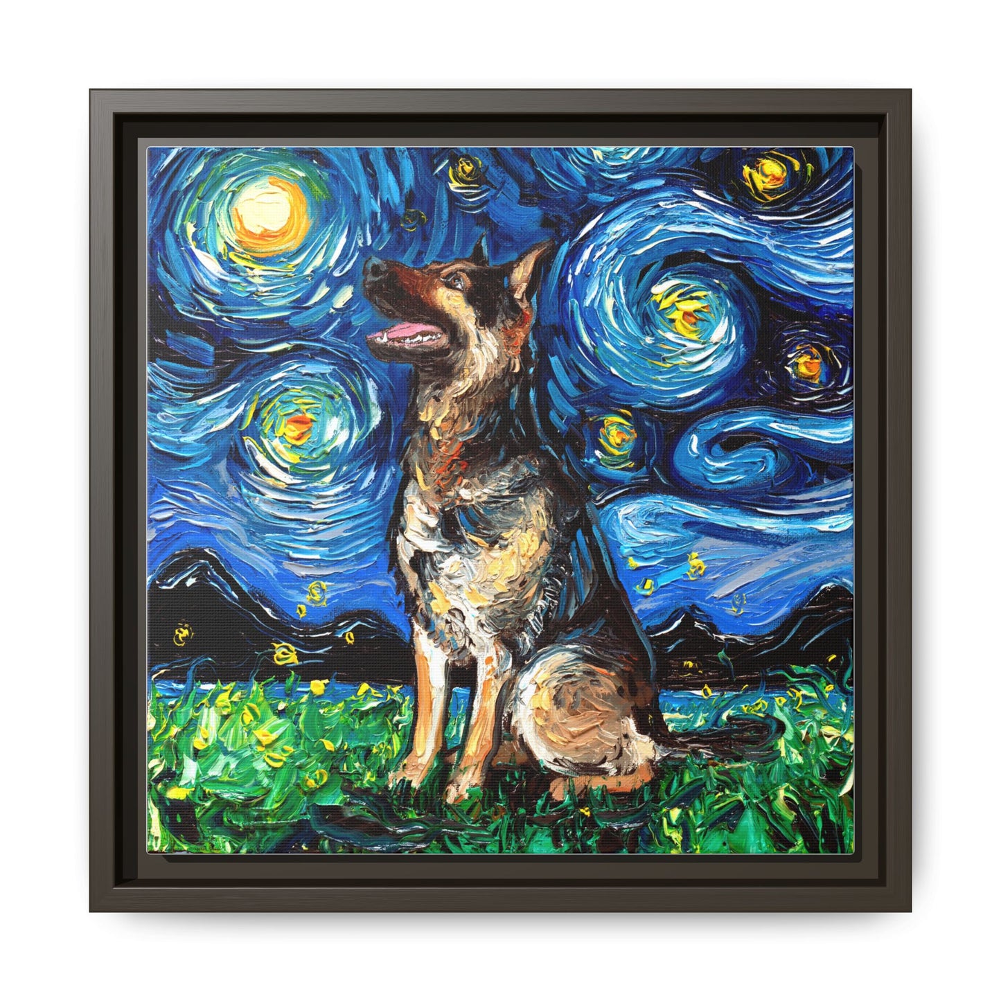 "German Shepherd Night" Framed Canvas Wall Art