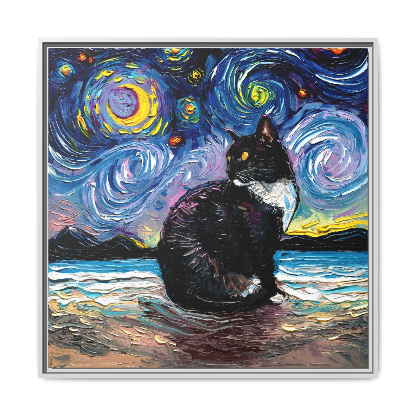 "Tuxedo Cat Night 2" Framed Canvas Wall Art