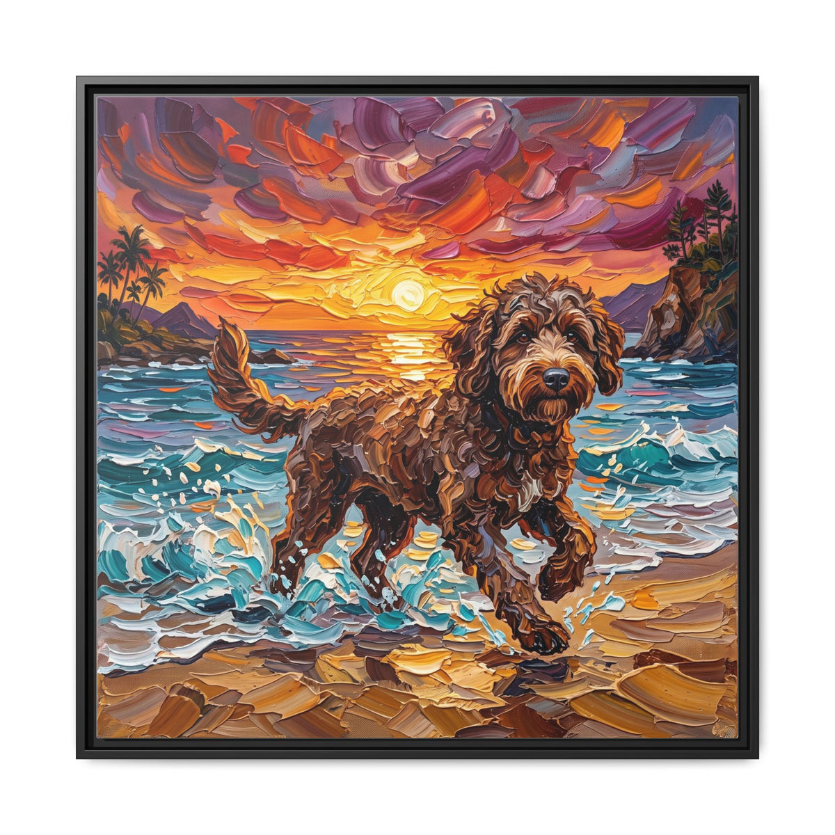 "Beach Day - Brown Goldendoodle" Framed Canvas Wall Art