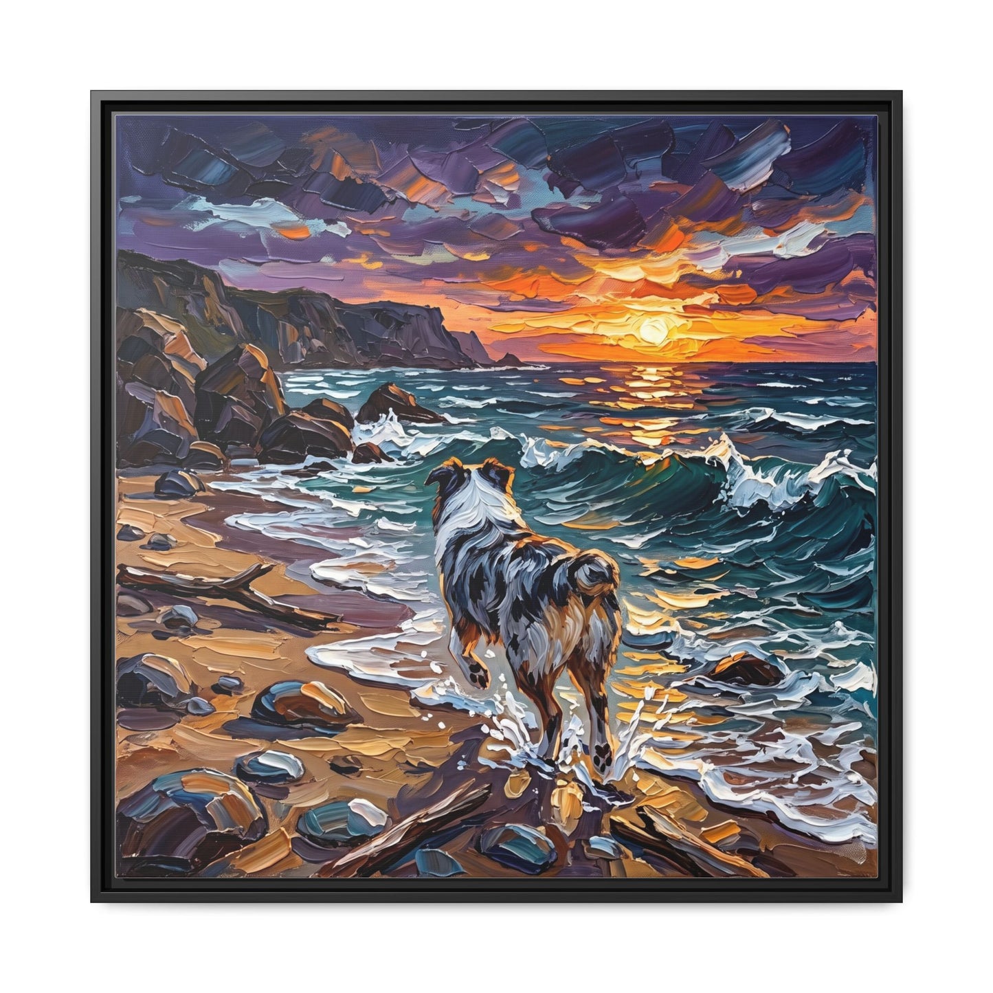 "Beach Day - Merle Aussie Shepherd" Framed Canvas Wall Art