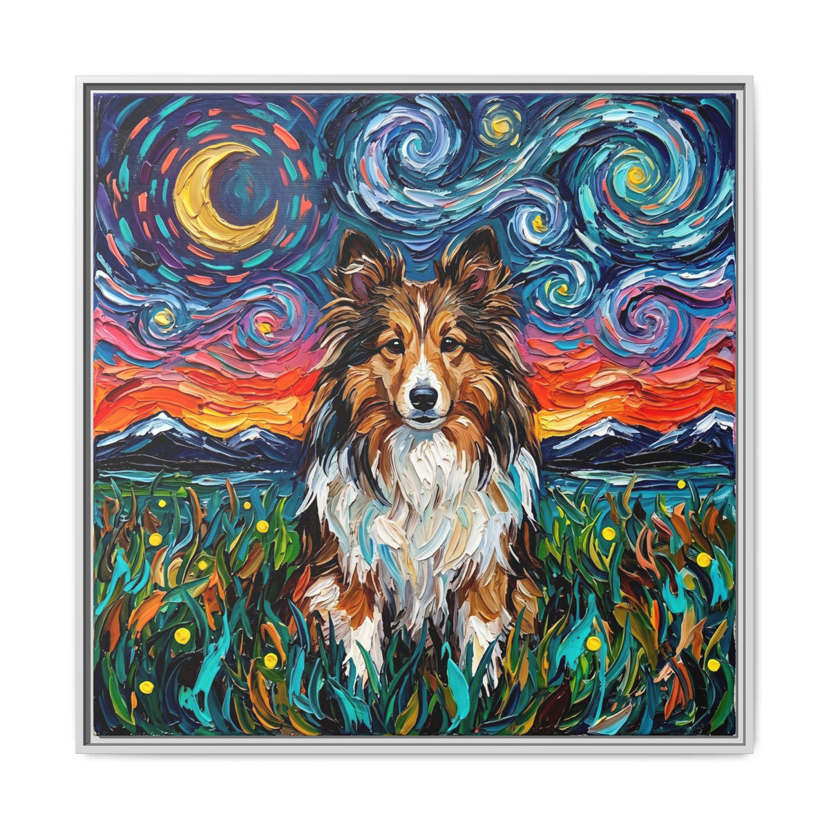 "Sheltie Night 2" Framed Canvas Wall Art
