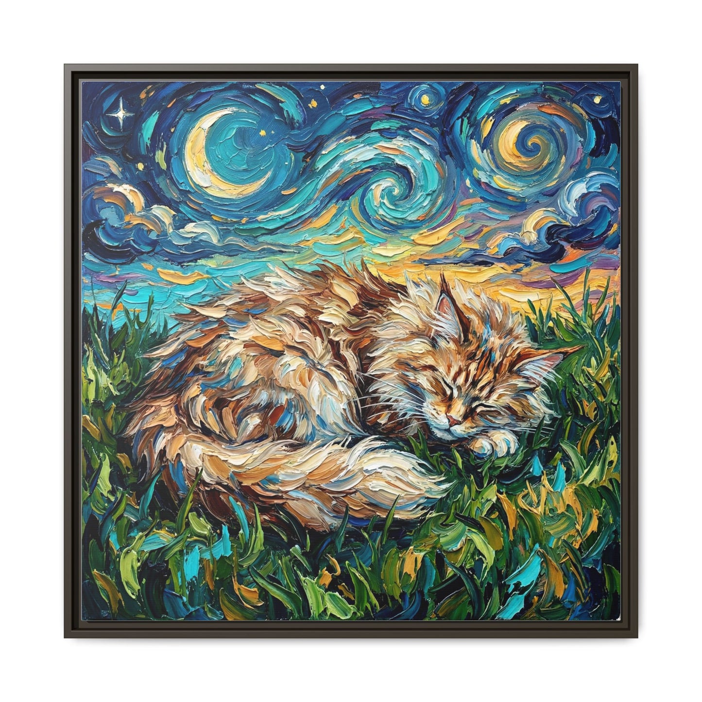 "Sleepy Maine Coon Night" Framed Canvas Wall Art