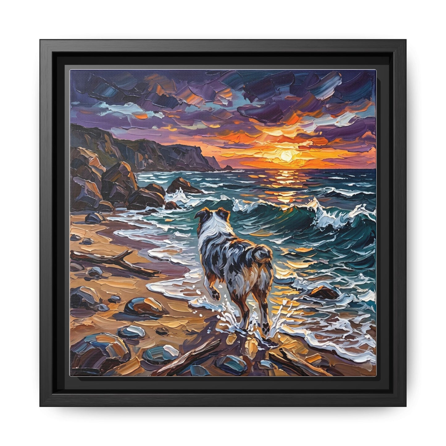 "Beach Day - Merle Aussie Shepherd" Framed Canvas Wall Art