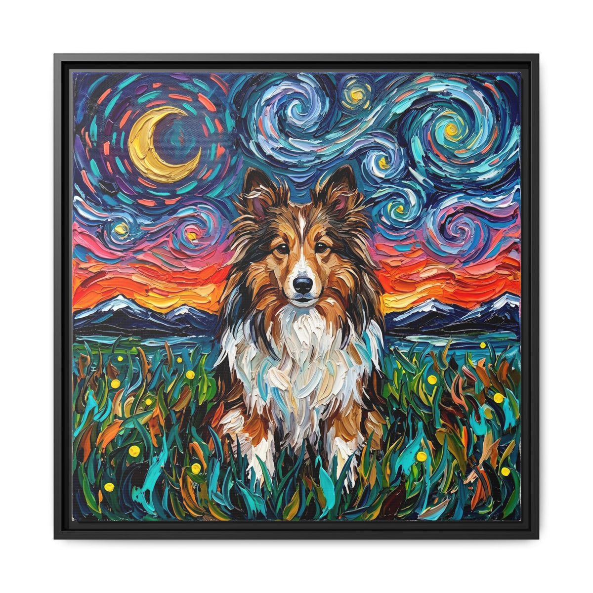"Sheltie Night 2" Framed Canvas Wall Art