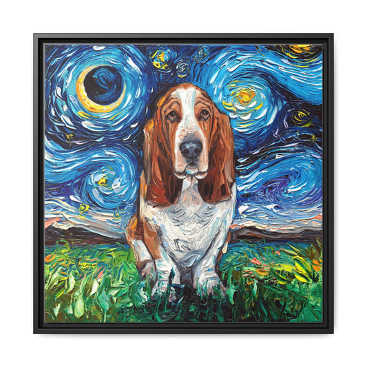 "Basset Hound Night" Framed Canvas Wall Art