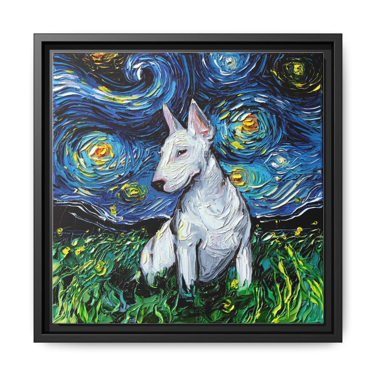"Bull Terrier Night" Framed Canvas Wall Art
