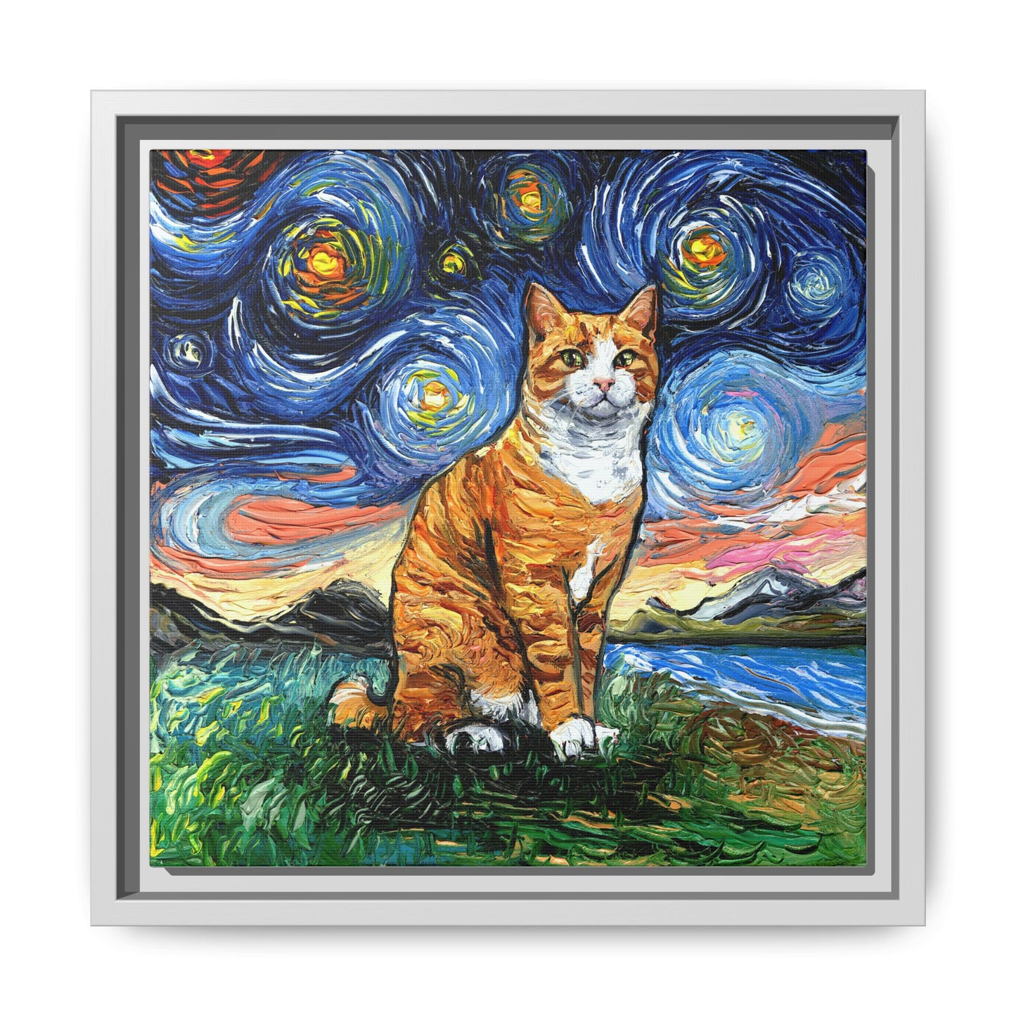 "Orange Tuxedo Tabby Night" Framed Canvas Wall Art