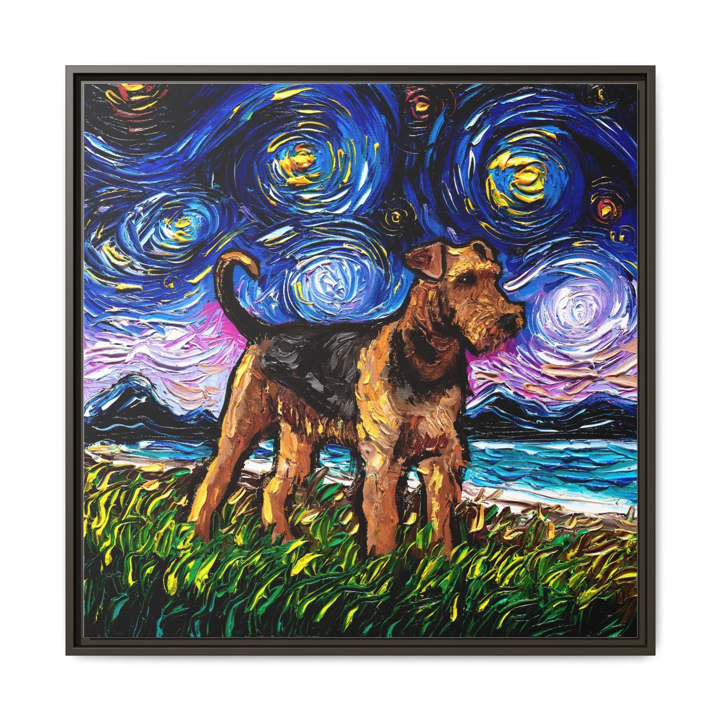 "Airedale Terrier Night" Framed Canvas Wall Art