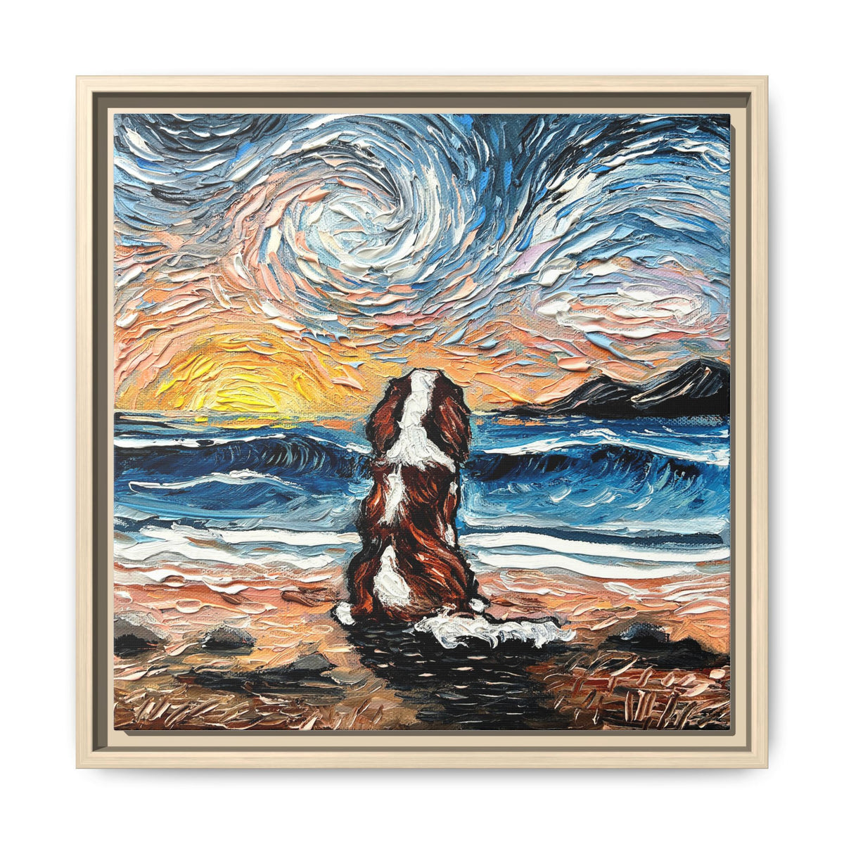 "Beach Days - Blenheim Spaniel" Framed Canvas Wall Art