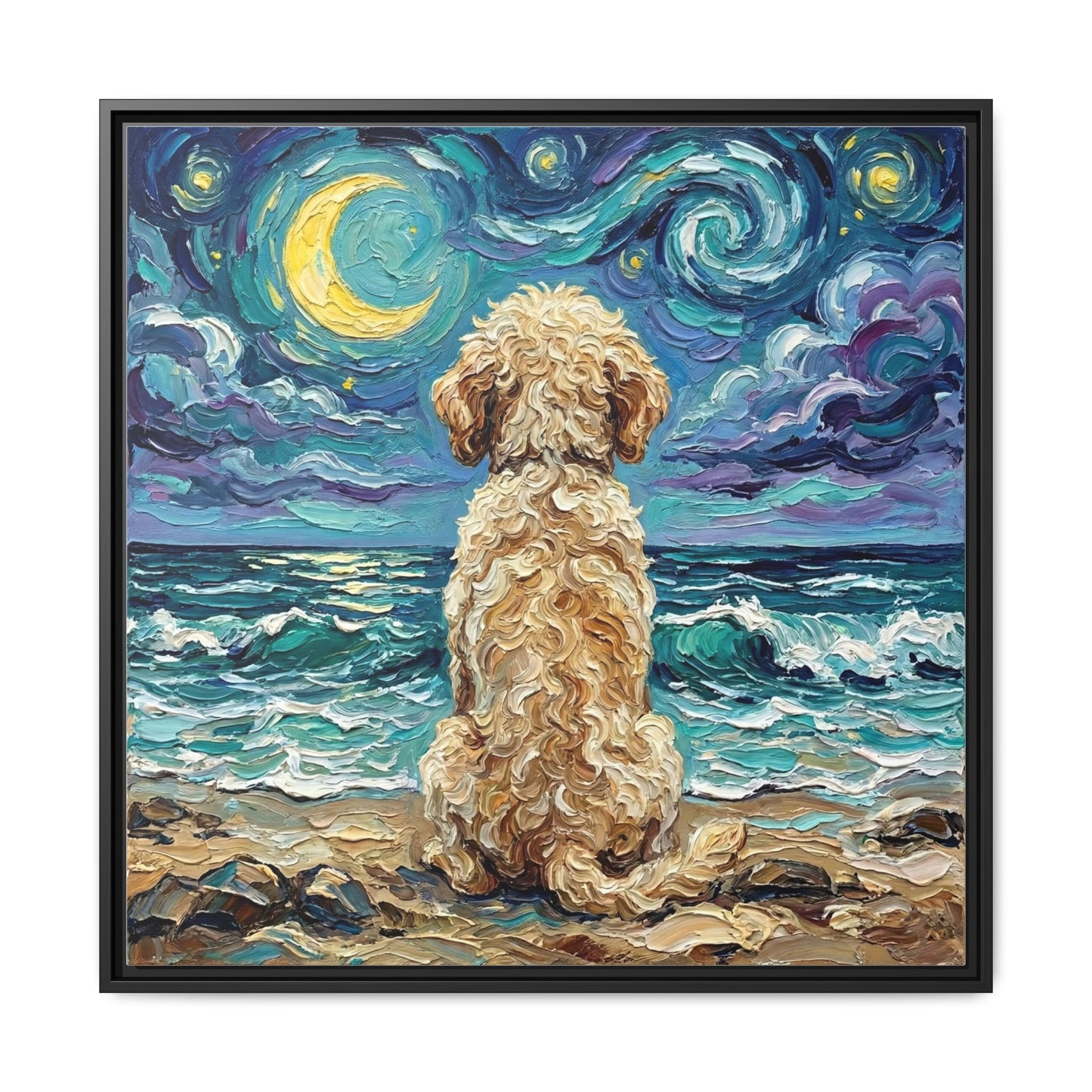 "Beach Nights - Goldendoodle" Framed Canvas Wall Art