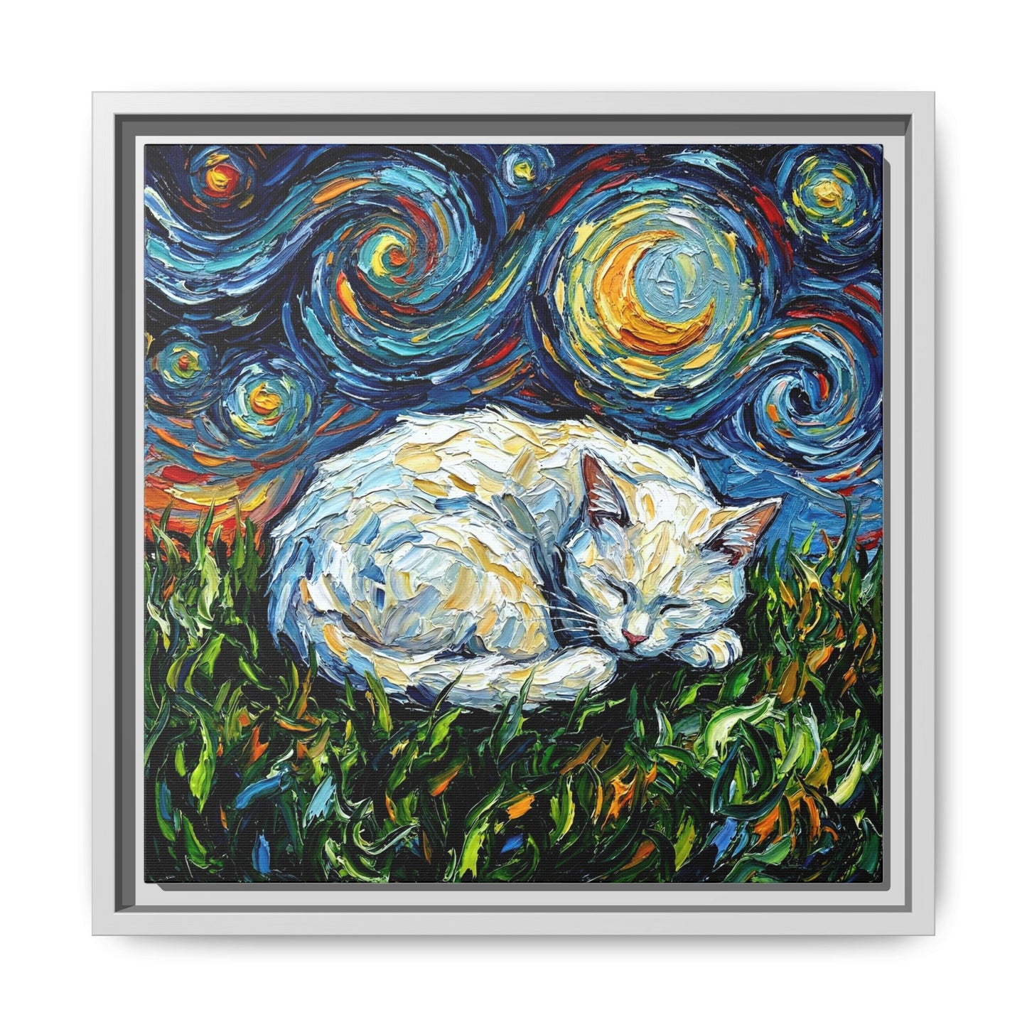 "Sleepy White Cat Night" Framed Canvas Wall Art