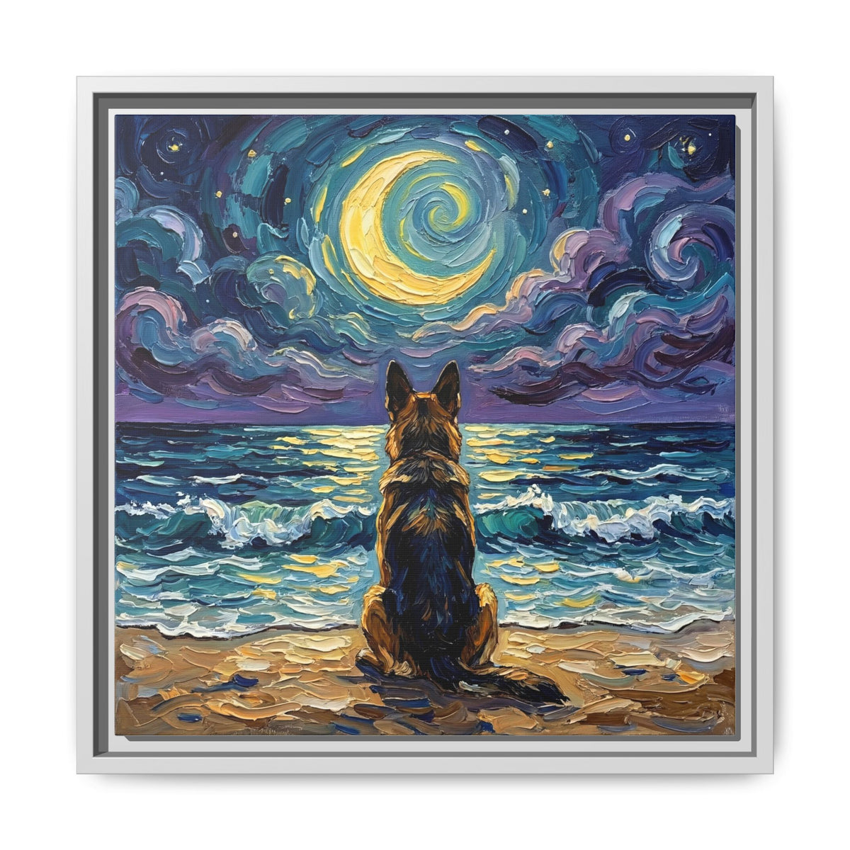 "Beach Night - German Shepherd" Framed Canvas Wall Art